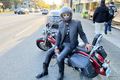 Author on road cruiser while wearing Neowise Jacket from Andromeda Moto