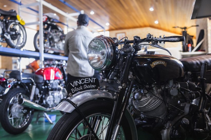 Close-up photograph of front detailing on Vincent Black Shadow motorcycle